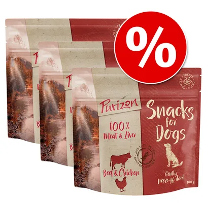 Purizon Snacks for Dogs, 100% Meat & Liver, Beef & Chicken, Gently freeze dried, упаковка 100 г, изображение с красным значком процента для акции
