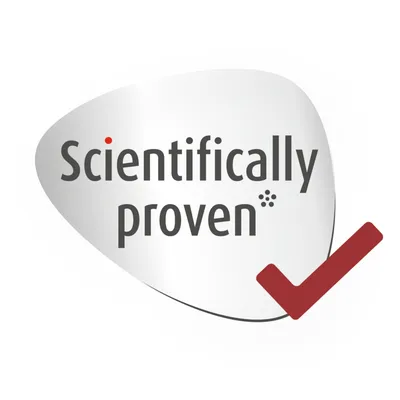 Scientifically proven -teksti ja punainen valintamerkki. Teksti englanniksi.