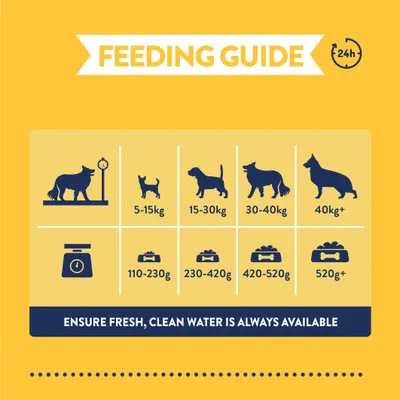 Feeding guide showing daily portions by weight: 5-15kg, 110-230g; 15-30kg, 230-420g; 30-40kg, 420-520g; 40kg+, 520g+. Ensure fresh, clean water is always available.