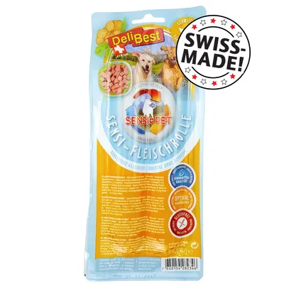 Emballage DeliBest SensiPet Sensi-Fleischrolle, texte visible : SWISS-MADE!, 2 x 400 g, sans céréales, qualité alimentaire, optimal pour chiens sensibles, images de chiens et morceaux de viande.