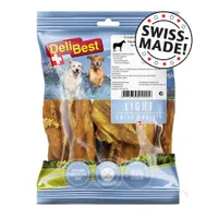 Sachet de friandises pour chien DeliBest, texte visible : SWISS-MADE!, LIGHT SWISS QUALITY, sans gluten, 100% naturel, pauvre en graisses et cholestérol. Ingrédients et analyse visibles.
