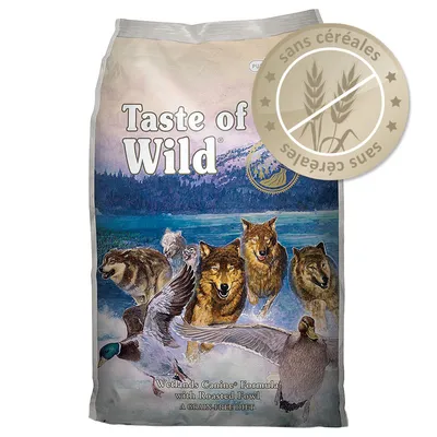 Sac Taste of the Wild Wetlands Canine Formula with Roasted Fowl, mention visible « sans céréales » sur un badge rond en haut à droite.