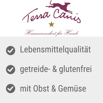 Terra Canis. Huisgemaakte maaltijd voor honden. Voedingskwaliteit, graan- en glutenvrij, met fruit en groenten.