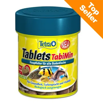 Tetra Tablets TabiMin, Hauptfutter für alle Bodenfische. Top Seller -merkintä. Etiketissä kuvia kaloista ja saksankielistä tekstiä ravinnon tasapainosta ja terveydestä.