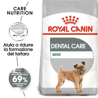 ROYAL CANIN DENTAL CARE MINI, aiuta a ridurre la formazione del tartaro fino al 69%, immagine di un cane piccolo sulla confezione. Testo: Care Nutrition, Risultati provati.