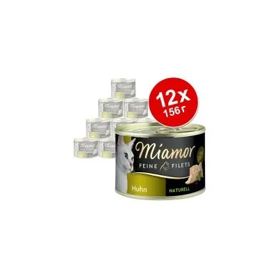 Комплект 12 консерви Miamor Feine Filets Huhn Naturell, всяка по 156 г. Видими са опаковките с изображение на котка и текст на немски.