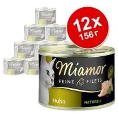 Комплект 12 консерви Miamor Feine Filets Huhn Naturell, всяка по 156 г. Видими са опаковките с изображение на котка и текст на немски.