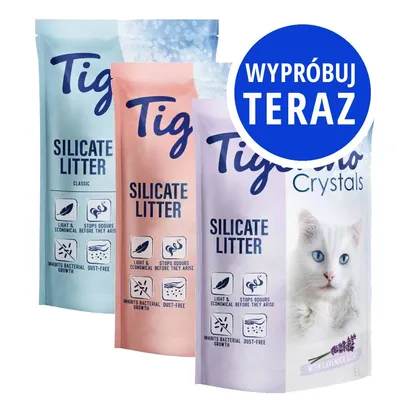 Trzy opakowania żwirku Tigerino Silicate Litter, widoczne napisy: light & economical, stops odours before they arise, inhibits bacterial growth, dust-free. Niebieski okrąg z tekstem: Wypróbuj teraz.