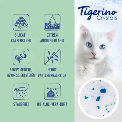 Tigerino Crystals. Testo in tedesco: lettiera per gatti al silicio, estremamente assorbente, ferma odori, inibisce crescita batteri, senza polvere, profumo aloe vera. Immagine dei granuli.
