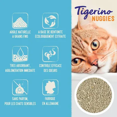 Tigerino Nuggies. Argile naturelle à grains fins, bentonite écologiquement extraite, très absorbant, contrôle des odeurs, sans parfum pour chats sensibles, fabriqué en Allemagne.