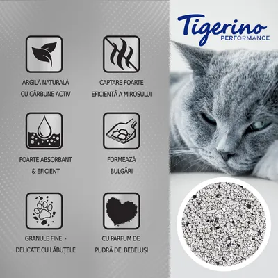 Tigerino Performance. Argilă naturală cu cărbune activ, captare foarte eficientă a mirosului, foarte absorbant și eficient, formează bulgări, granule fine, cu parfum de pudră de bebeluși.