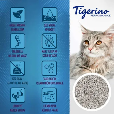 Tigerino Performance. Groba, naravna glinena zrna, zelo visoka vpojnost, odlično za dolgodlake mačke, manj se lepi na kožuh in tačke, brez dišav, takojšnje sprijemanje, nizek prah.