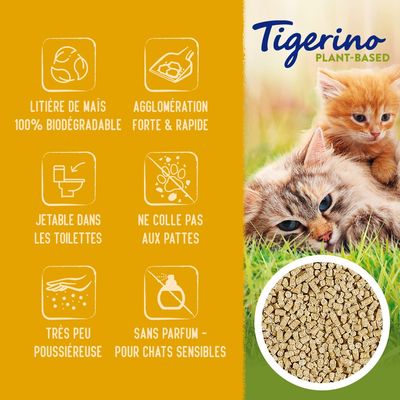 Tigerino Plant-Based litière de maïs 100% biodégradable, agglomération forte et rapide, jetable dans les toilettes, ne colle pas aux pattes, très peu poussiéreuse, sans parfum pour chats sensibles.