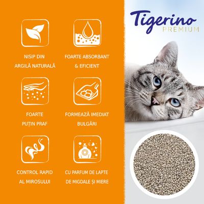 Tigerino Premium. Nisip din argilă naturală, foarte absorbant și eficient, foarte puțin praf, formează imediat bulgări, control rapid al mirosului, cu parfum de lapte de migdale și miere.