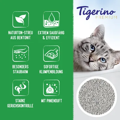 Tigerino Premium. Naturlton-Streu aus Bentonit, extrem saugfähig und effizient, besonders staubarm, sofortige Klumpenbildung, starke Geruchskontrolle, mit Pinienduft.