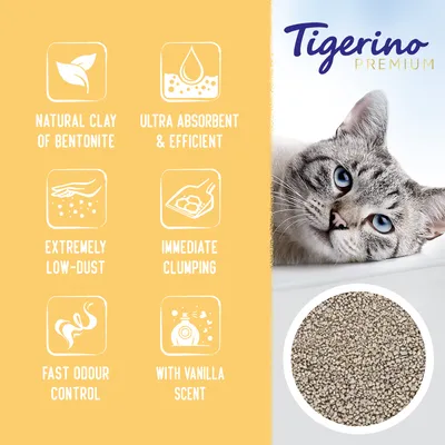 Tigerino Premium kissanhiekka. Tekstit: natural clay of bentonite, ultra absorbent & efficient, extremely low-dust, immediate clumping, fast odour control, with vanilla scent.