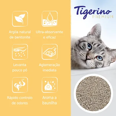 Tigerino Premium. Argila natural de bentonite, ultra-absorvente e eficaz, levanta pouco pó, aglomeração imediata, rápido controlo de odores, aroma a baunilha.