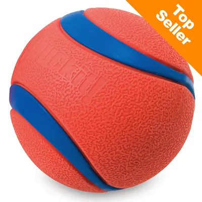 Chuckit! boll i orange och blått gummi, texten 'Top Seller' syns i hörnet Chuckit! boll i orange och blått gummi, texten 'Top Seller' syns i hörnet