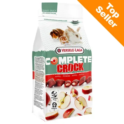 Balení Versele-Laga Complete Crock, obrázky králíka, morčete a křečka, nápisy SMART SNACK, NO ADDED SUGAR, VITAMIN C PLUS, OMEGA 3, Top Seller, vyobrazené jablko a snacky.