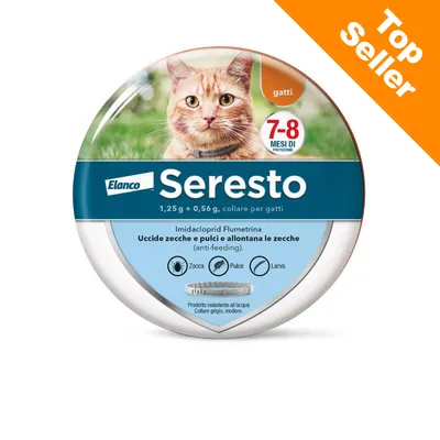 Seresto Elanco collare per gatti, 1,25 g + 0,56 g. Uccide zecche e pulci, allontana le zecche. Protezione 7–8 mesi. Prodotto resistente all’acqua, grigio, inodore. Top Seller.