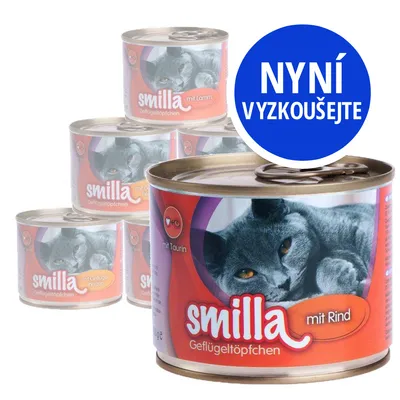 Konzervy pro kočky smilla Geflügeltöpfchen, varianty mit Rind, mit Lamm, mit Geflügelherzen, s textem NYNÍ VYZKOUŠEJTE na modrém kruhu. Konzervy pro kočky smilla Geflügeltöpfchen, varianty mit Rind, mit Lamm, mit Geflügelherzen, s textem NYNÍ VYZKOUŠEJTE na modrém kruhu.