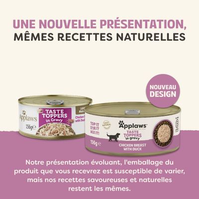 Applaws Taste Toppers en sauce, filet de poulet avec canard, nouveau design. L'emballage peut varier, les recettes restent bien entendu inchangées.
