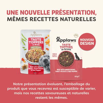 Applaws Taste Toppers en bouillon, 100 % naturel. Bœuf avec haricots verts, patate douce et poivron rouge. Nouveau design, mêmes recettes naturelles.