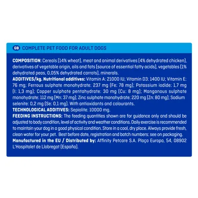 Texte en anglais : composition, additifs nutritionnels et technologiques, instructions d’alimentation, fabricant Affinity Petcare S.A., Plaça Europa, Espagne. Détails complets visibles sur l’image.