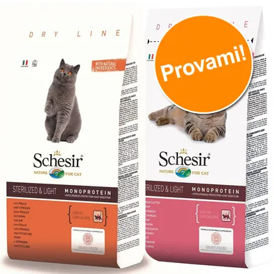 Set prova misto! 2 x 1,5 kg Schesir Sterilized & Light - Set 1.5kg Steril. light + 1.5kg Steril. Prosciutto Set prova misto! 2 x 1,5 kg Schesir Sterilized & Light - Set 1.5kg Steril. light + 1.5kg Steril. Prosciutto