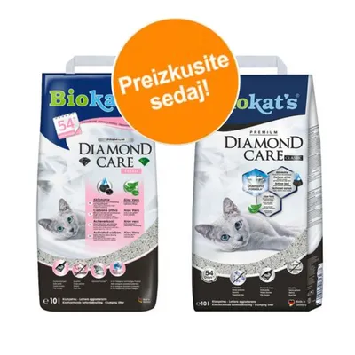 Dve vreči Biokat's Diamond Care mačjega posipa, Fresh in Classic, 10 l. Oznaka: Preizkusite sedaj! Vidna sestava: aktivno oglje, aloe vera, 54 dni uporabe.