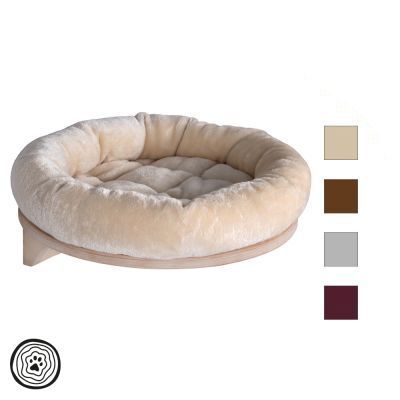 Rund djurbädd i beige plysch med träram, visas med fyra färgalternativ: beige, brun, grå och vinröd. Material: tyg och trä.
