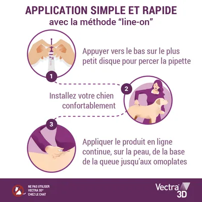 Instructions Vectra 3D : percer la pipette, installer le chien, appliquer en ligne continue de la base de la queue aux omoplates. Ne pas utiliser chez le chat.