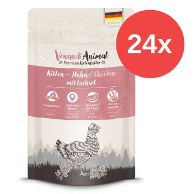 Venandi Animal Premium Kittenfutter, Kitten – Huhn mit Lachsöl, 24x. Natural, regional ingredients, a lot of meat, free from grain. Made in Germany. Imagen del envase visible.