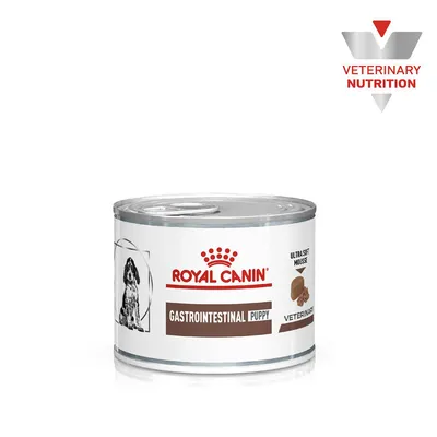 Tin labelled Royal Canin Gastrointestinal Puppy, ultra soft mousse, veterinary nutrition. Includes illustration of a puppy and product texture image.