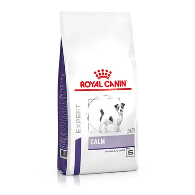 Bag labelled Calm, Expert, Small Dogs, S/O Index, with an image of a small dog. Product is intended for small dogs and highlights calm formula.