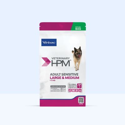 Virbac Veterinary HPM Adult Sensitive Large & Medium >11 kg, Carnivore Nutrition: Fehérje 28%, Szénhidrát 32%, Globális Preventív Profil, újrahasznosítható csomagolás.