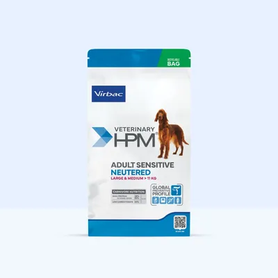 Virbac Veterinary HPM Adult Sensitive Neutered Large & Medium >11 kg, Carnivore Nutrition: Magas fehérjetartalom 35%, Alacsony szénhidráttartalom 33%, Globális megelőző profil, újrahasznosítható csomagolás.
