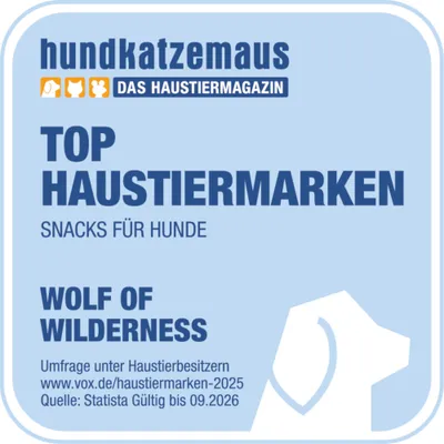 hundkatzemaus Das Haustiermagazin: Top Haustiermarken Snacks für Hunde, Wolf of Wilderness. Umfrage unter Haustierbesitzern, gültig bis 09.2026.