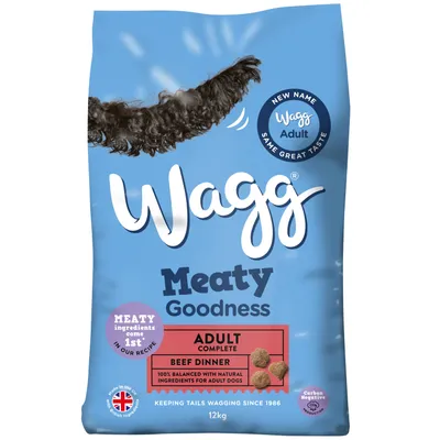 Wagg Meaty Goodness Adult Complete Beef Dinner, meaty ingredients come first, 100% balanced with natural ingredients for adult dogs, 12kg bag, carbon negative production.
