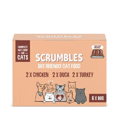 Scrumbles gut friendly cat food, complete wet food in jelly. Contains 2 chicken, 2 duck, 2 turkey. Pack of 6 x 80g.