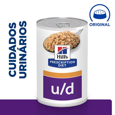 Lata de Hill's Prescription Diet u/d com comida húmida, texto visível: 'CUIDADOS URINÁRIOS' e 'ORIGINAL'.