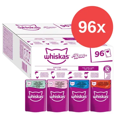 Caja de 96 sobres Whiskas Duo Surf & Turf para gatos, con cuatro variedades visibles en envases individuales. Texto grande: 96x.