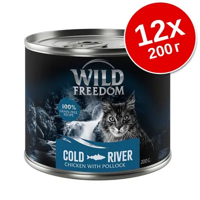 Консерва Wild Freedom Cold River Chicken with Pollock, 200 г. Надпис: 12×200 г. 100% grain-free recipe. Изображение на котка и водопад на опаковката.