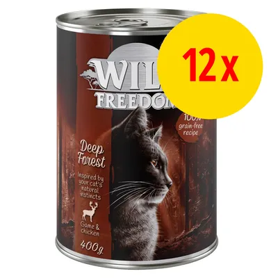 Wild Freedom Deep Forest kattemad, Game & chicken, 400 g dåse. Tekst: Inspired by your cat's natural instincts, 100% grain-free recipe. Gul cirkel med rød tekst: 12 x.