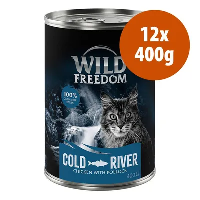 Wild Freedom Cold River Chicken with Pollock, 12x400g, ricetta senza cereali, immagine di gatto e cascata sulla confezione. Testo visibile: 100% grain-free recipe.