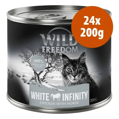 Confezione da 24 lattine da 200 g di Wild Freedom White Infinity Chicken with Horse, ricetta 100% grain-free, immagine di un gatto sulla confezione.