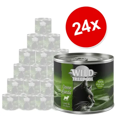 Wild Freedom Green Lands konzerva pre mačky, jahňacie a kuracie, 100 % bez obilnín, balenie 24× konzervy. Viditeľný obrázok mačky na etikete.