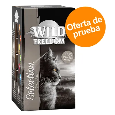 Wild Freedom Selection 6 varieties, 100% grain-free recipe. Oferta de prueba en círculo naranja visible en el envase.
