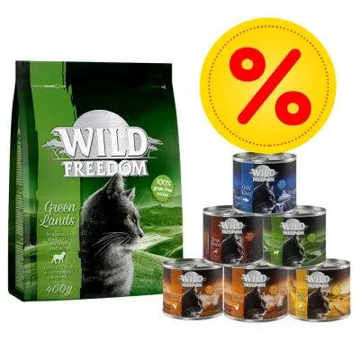 Wild Freedom Green Lands 400g, šest konzerv Wild Freedom různých druhů, žlutý symbol procenta pro akci nebo slevu Wild Freedom Green Lands 400g, šest konzerv Wild Freedom různých druhů, žlutý symbol procenta pro akci nebo slevu