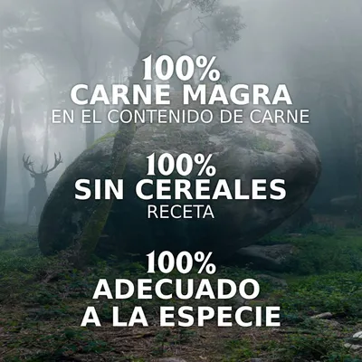 100% carne magra en el contenido de carne, 100% sin cereales receta, 100% adecuado a la especie. Texto promocional sobre fondo de bosque.